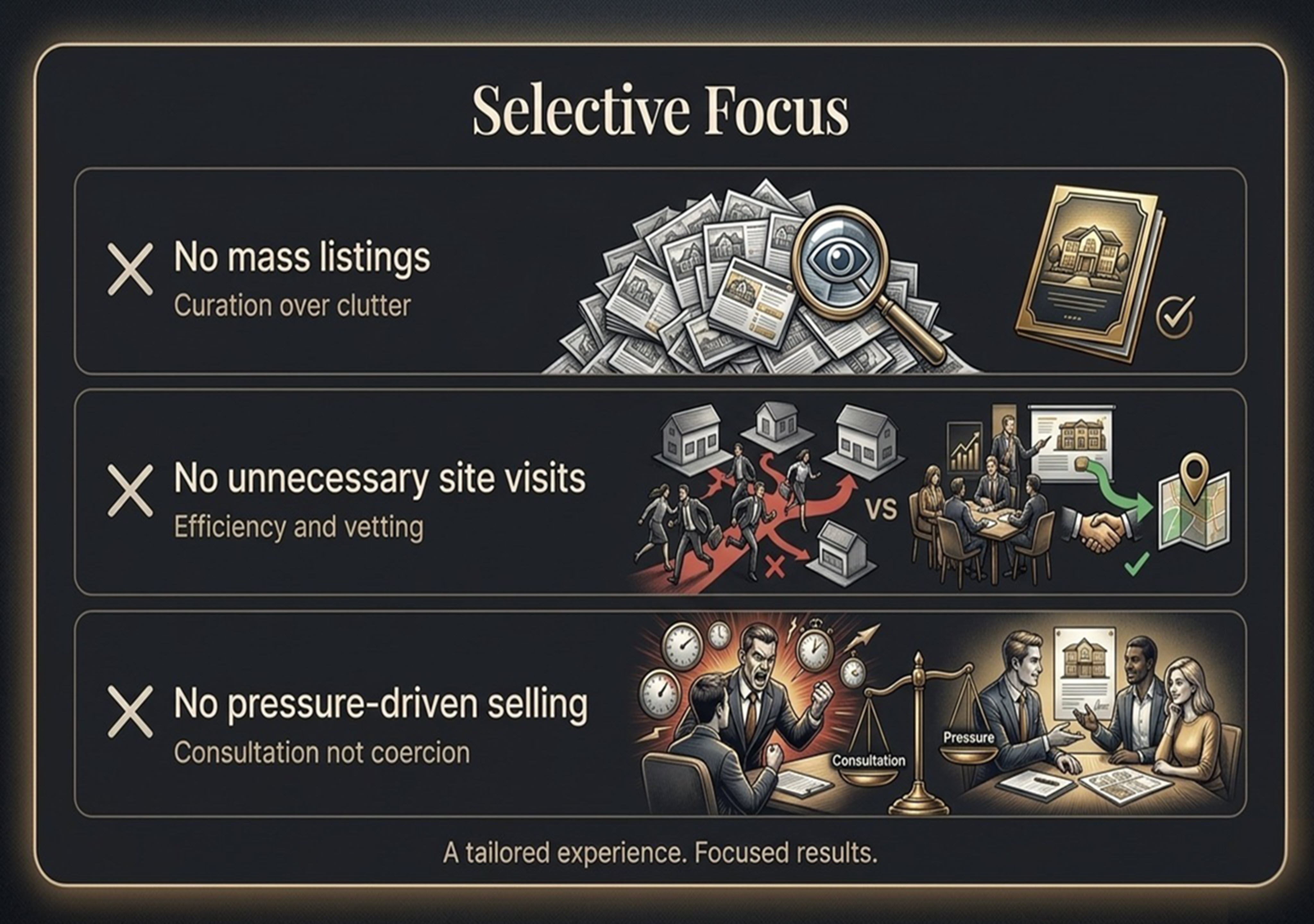 Selective Focus - No mass listings, No unnecessary site visits, No pressure-driven selling
